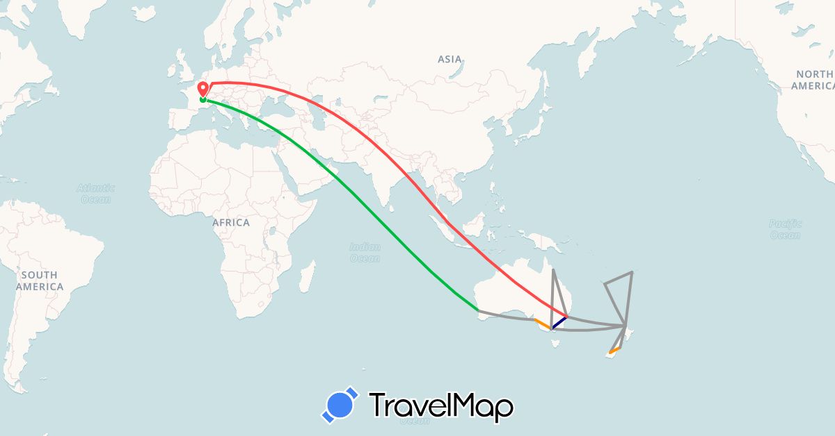TravelMap itinerary: driving, bus, plane, hiking, hitchhiking in Australia, Germany, Fiji, France, New Caledonia, New Zealand, Qatar, Singapore (Asia, Europe, Oceania)