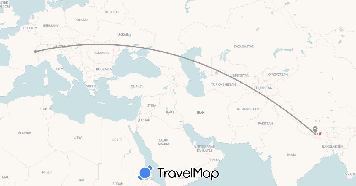 TravelMap itinerary: driving, bus, plane, hiking in Switzerland, Nepal (Asia, Europe)
